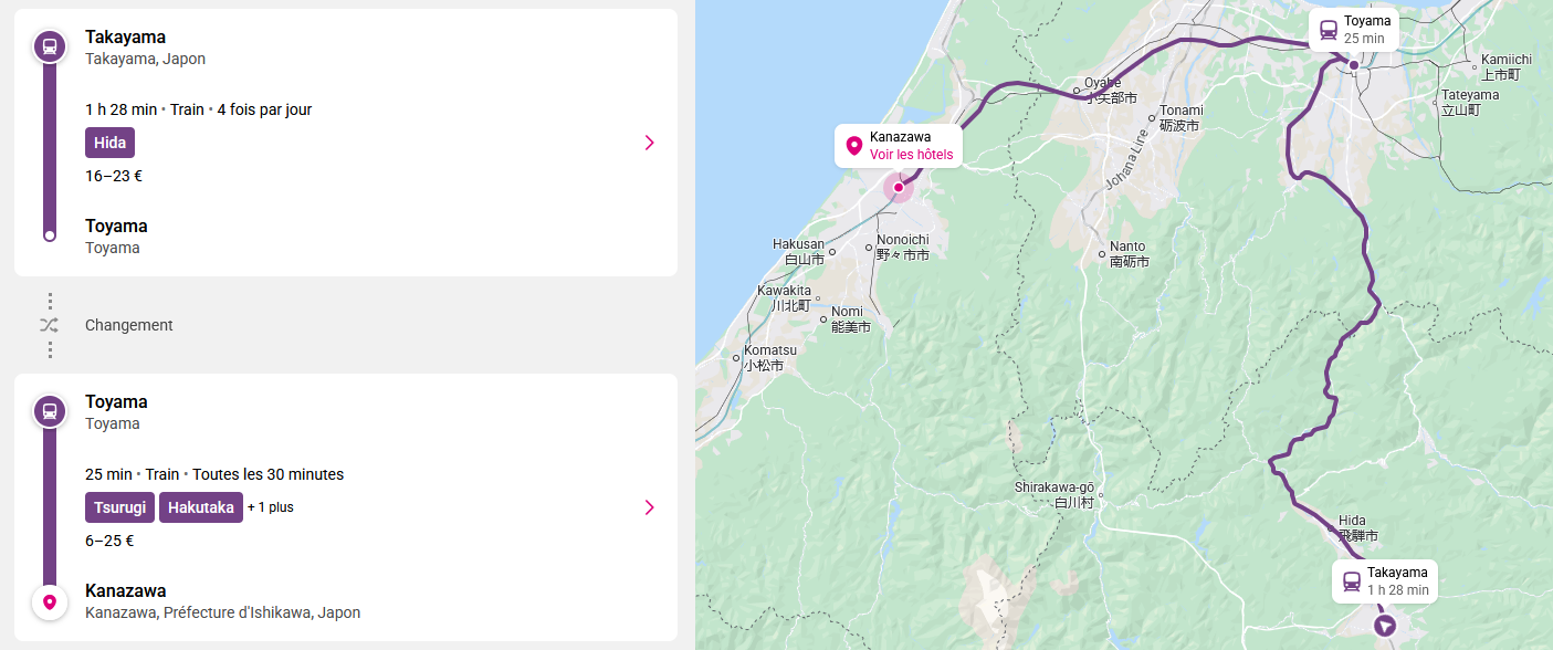 Trajet Takayama - Kanazawa en train